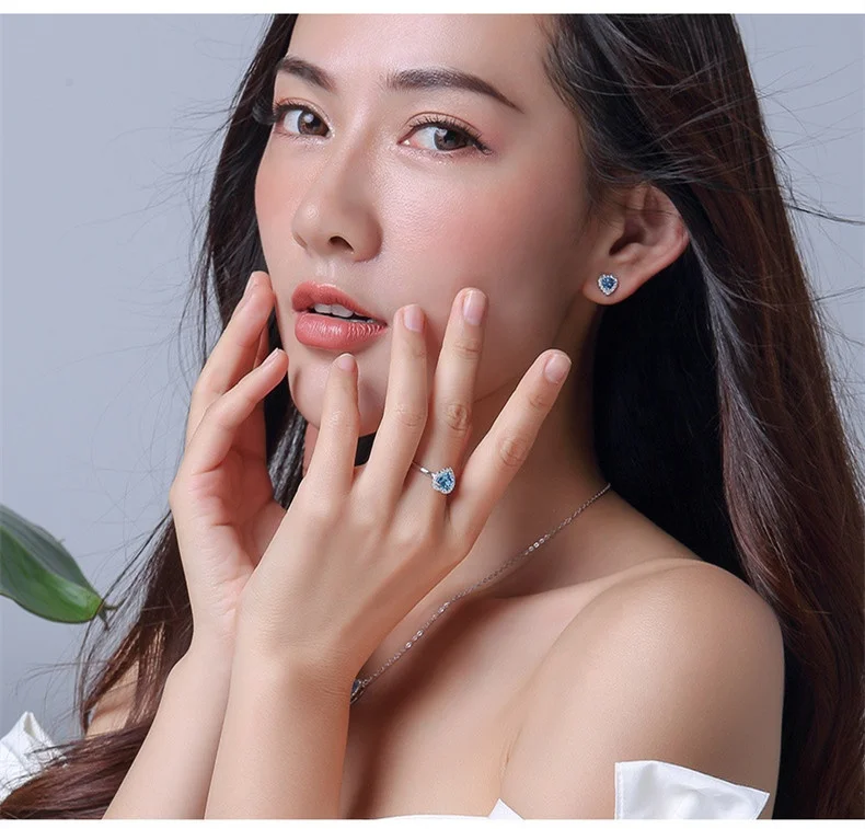 
Wholesale Natural Sapphire Earrings Love Heart Pendant Zircon Engagement Ring 18K Gold Plated Ladies Set Jewelry 