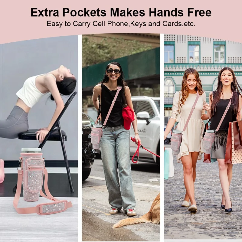 Zipper pouch neoprene 40oz bling rhinestone tumbler cup crossbody sling water bottle carrier bag with shoulder strap for stanley