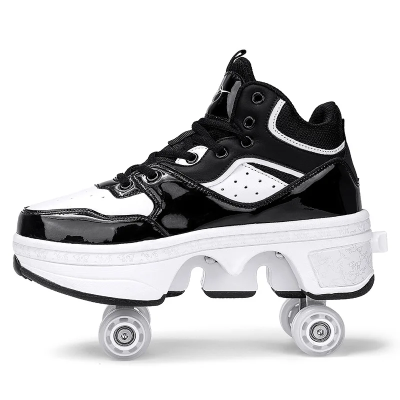 White Black Roller Skate Runners Shoes Kids Kick Out Wheeled Shoes LED Light Children Roller Skate Shoes With Wheels