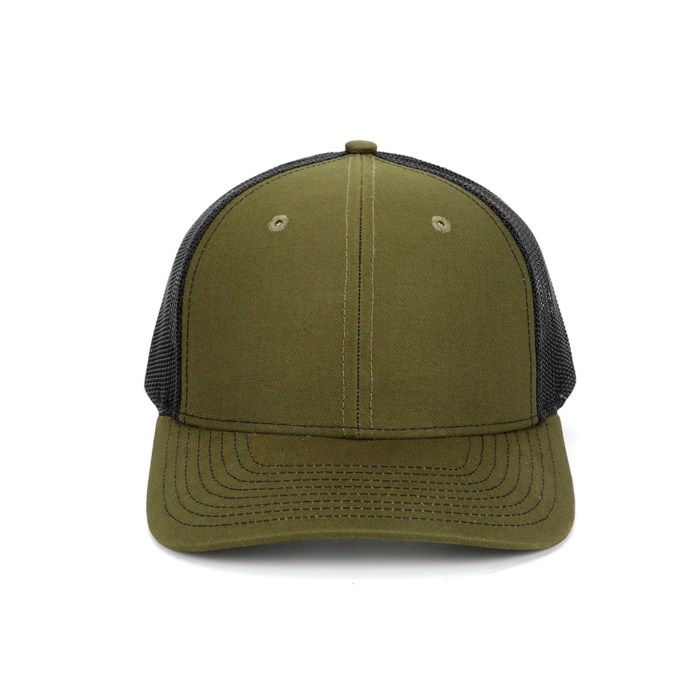 High Quality 6 Panel Olive Green Custom Logo Blank Back Mesh Embroidery Patch Trucker Hats Caps
