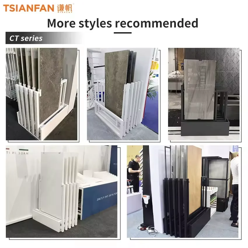 New style stone pattern plate floor cardboard pegboard tile display stand multi format sliding orbital marble tile display rack