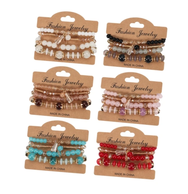 Boho Multi layers 4pcs Set Elastic Rope Bracelets Crystal Bead tassel 4pcs/set Bohemia Bracelet for Girl Women