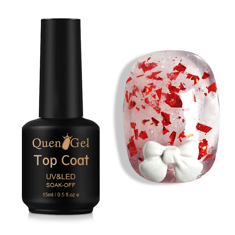 Quengel Factory Wholesale Custom Glitter Shell No Wipe Gel Sakura Snow Top Coat Gel Polish
