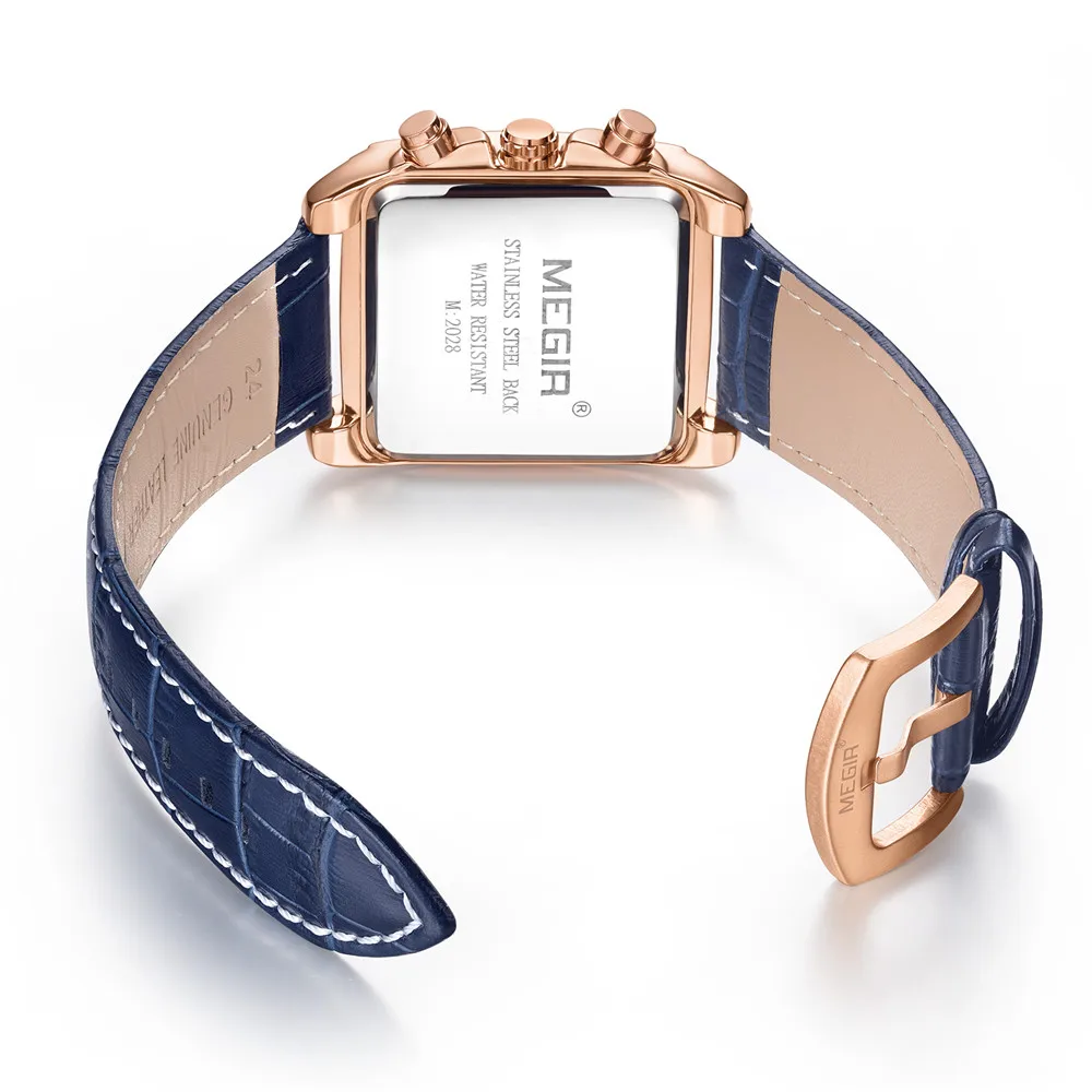 MEGIR 2028 Fashion Rectangle Luxury  Chronograph Rose gold Square Quartz Watches for Men