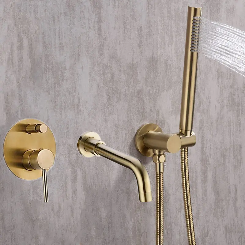 New Design Brass Wall Side Mounted 3 Hole With Sprayer Brushed Gold Bathtub Shower Faucet Set