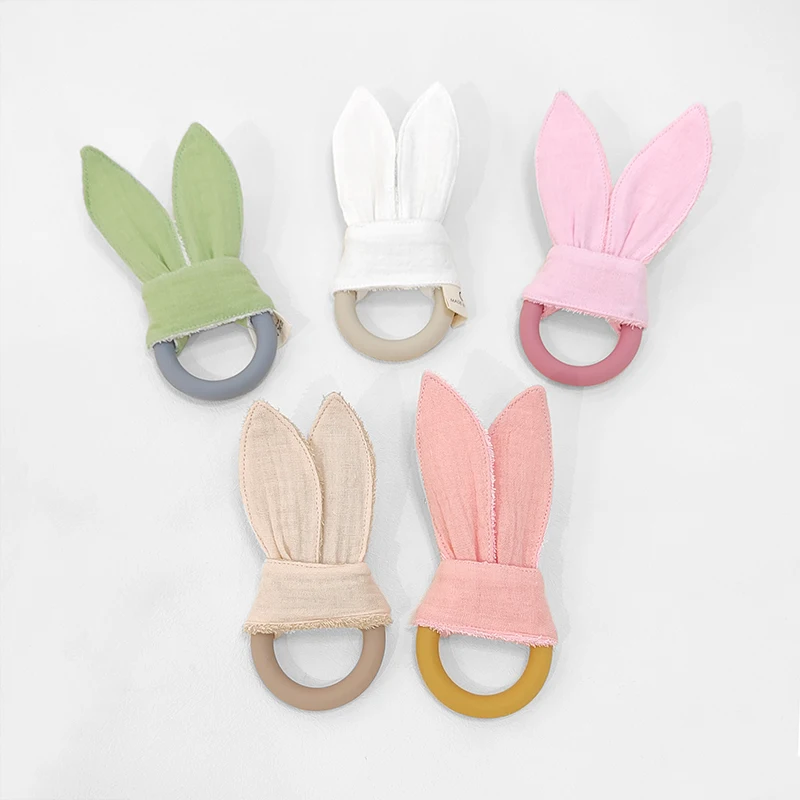 Teether Baby Rattle Teething Toy Bunny Ear Silicone Ring Teether With Fabric To Chew Handmade Teether Toys For Baby