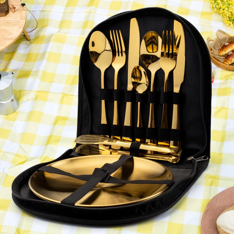 11pcs Portable Picnic Cutlery Set Stainless Steel Outdoor Barbecue Plate Knife Fork Spoon Classic Design Sustainable Camping