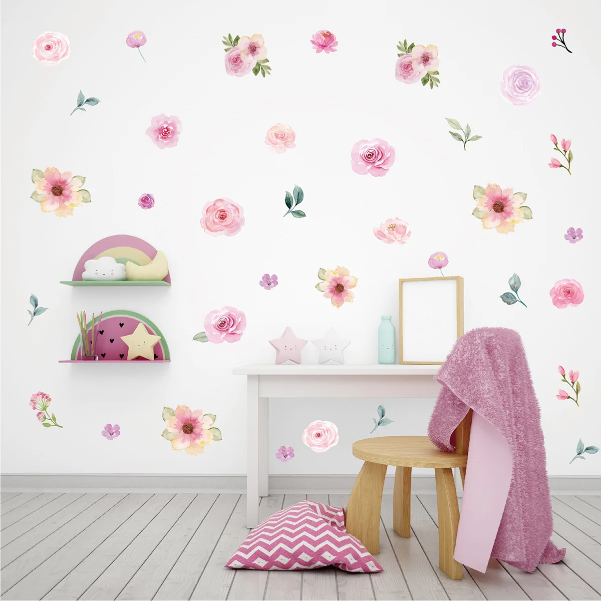 MZL Pink Floral Wall Stickers Watercolour Girl Bedroom Living Room Wedding Party Floral Decoration Self Adhesive Wallpaper