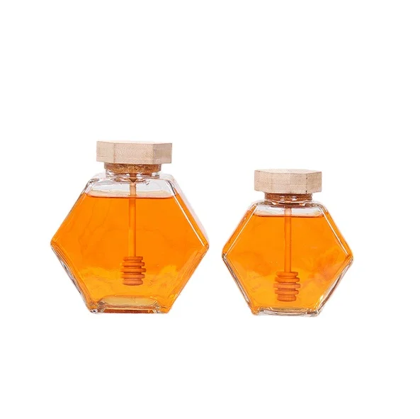 220ml 380ml glass honey jar hexagon glass bottle with wooden lid