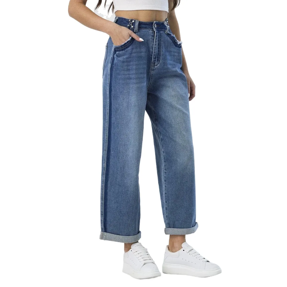 Wholesale 2024 New Color Blocking High Waist Light Blue Baggy Jeans for Women High Quality Banana Pants