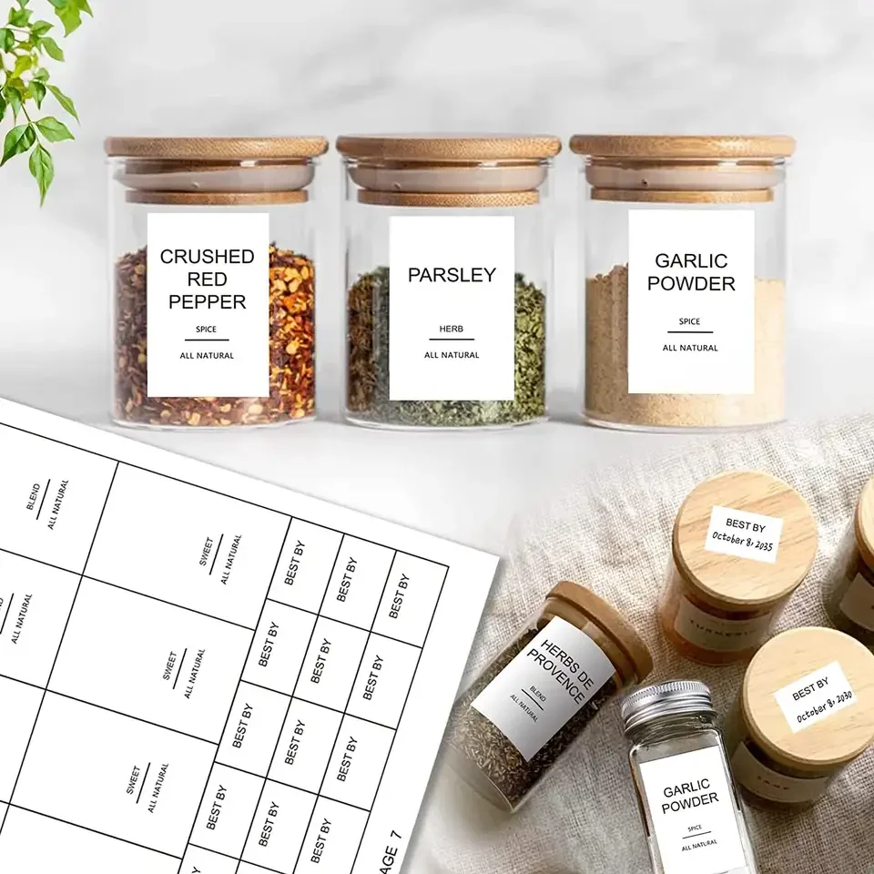 Custom Minimalist Spice Jar Labels Printed Spice Stickers Waterproof Label Fits Round Bamboo Jars or Rectangular Spice Jars