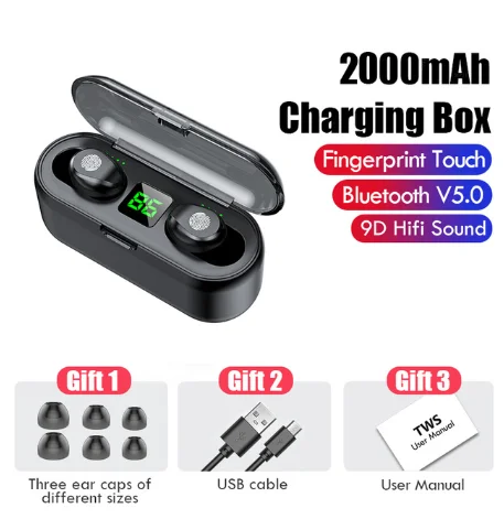 
FBA Amazon Best quality auriculares wireless TWS 2000mah F9 earbuds 5.0 stereo digital touch earphone TWS F9 