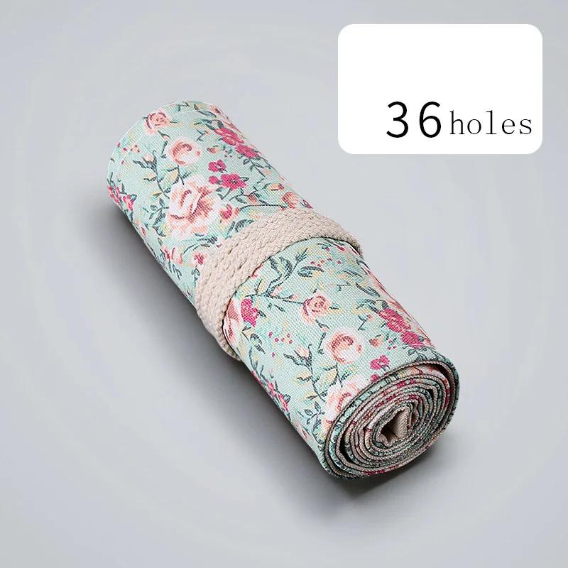 Canvas Floral Roll Color Sketch Pencil Cases with A Rope Tie Wholesale  MultI Holes Pens Storage Bags