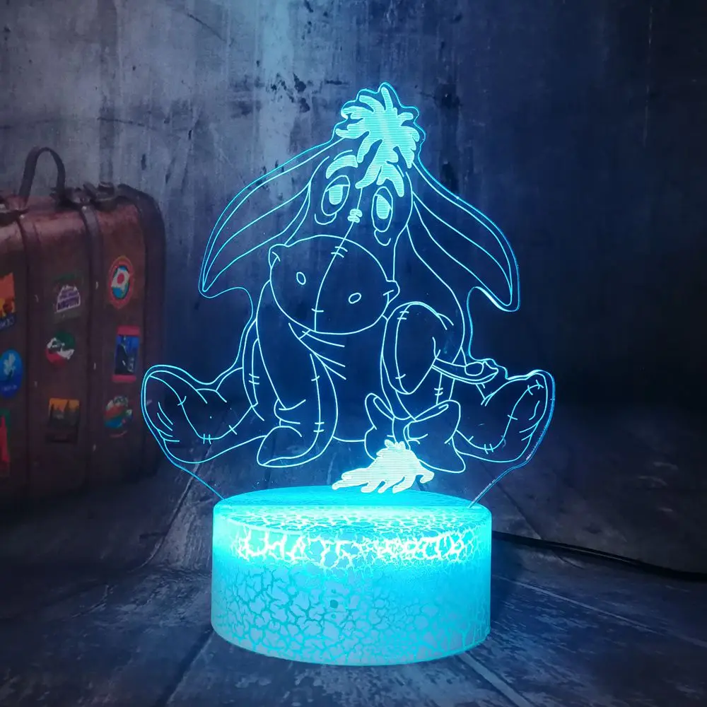 Home Decoration Cartoon Child Gifts Cute Gray Donkey Eeyore Crack Base 7 Colors Change USB Touch Acrylic 3D LED Lamp Night Light