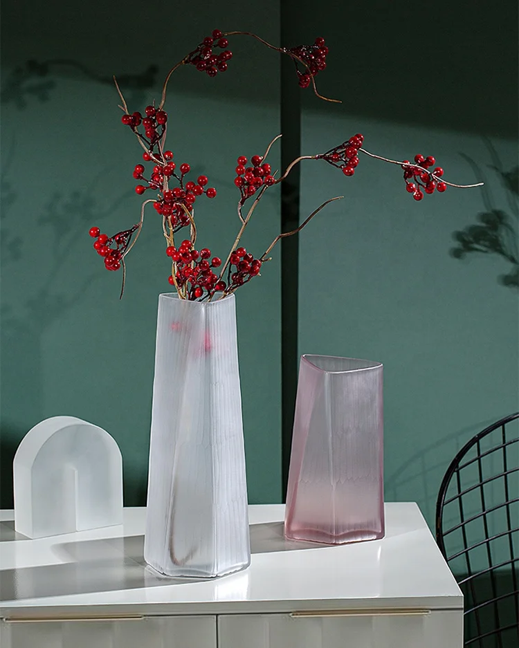 Bixuan Handmade Mouthblown Art Glass Flower Vase Unique Sanding Surface Design Geometrical Shape Solid Matte Color Flower Vases
