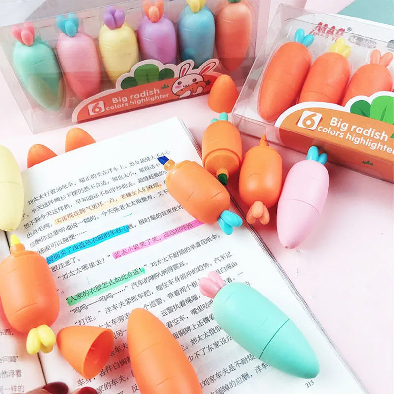 Kawaii cartoon Mini carrot highlighters Cute kids students use stationery marker highlighters