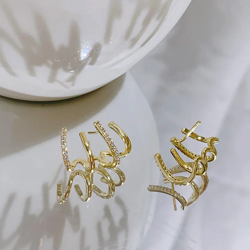 Korea simple gold plated line zircon 925 sterling silver needle stud earrings for girls