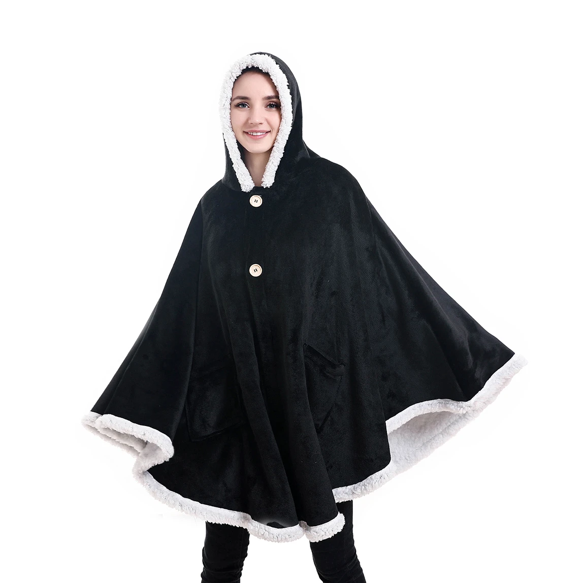 Women Men Open Front Flannel Fleece Hooded Poncho Blanket Shawl Capes Sweater Long Wearable Cloak