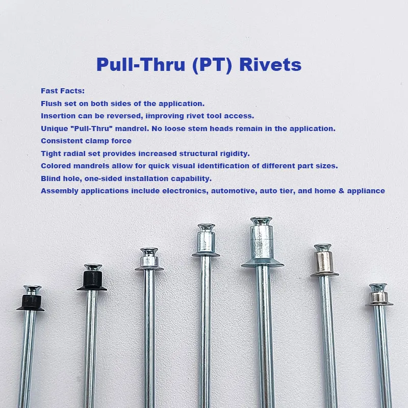 factory direct supply 4.0 * 4.5 mm carbon steel pull-thru rivet countersunk head pt rivets for automobiles