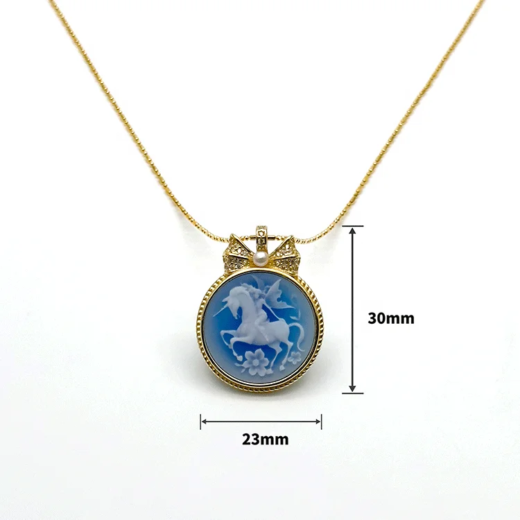 925 Silver  Gold Vermeil Unicorn Necklace Carving Round Agate Cameo Animal Pendant for Girls