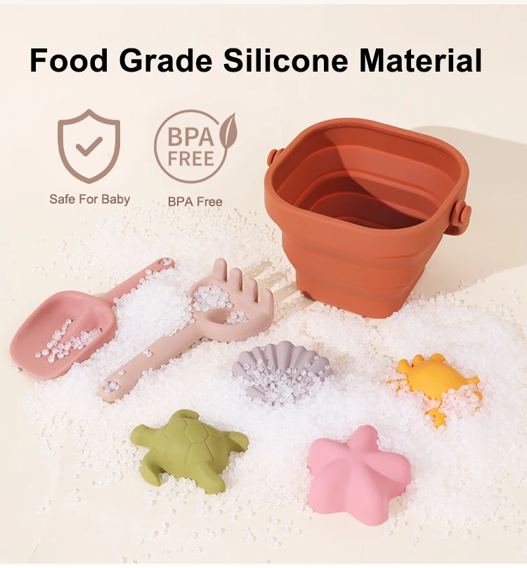Custom New Kids Play Bpa Free Silicone Baby Seaside Beach&sand Toys Collapsable 2024 Eco Beach Bucket Sand Toy Kit For Children