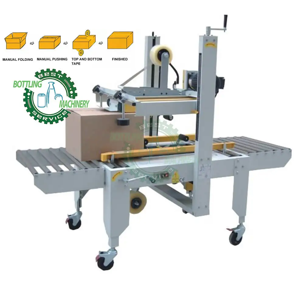 Durable automatic continuous cover blade folding width height adjustable case box carton closing machine with roller conveyor