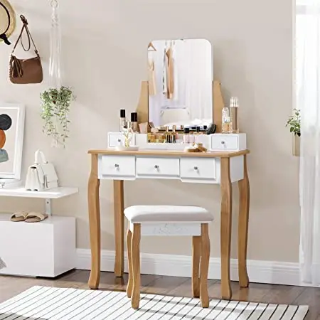 Vanity Set Makeup Dressing Table with Round Mirror 2 Large Drawers with Sliding Rails Cushioned Stool White