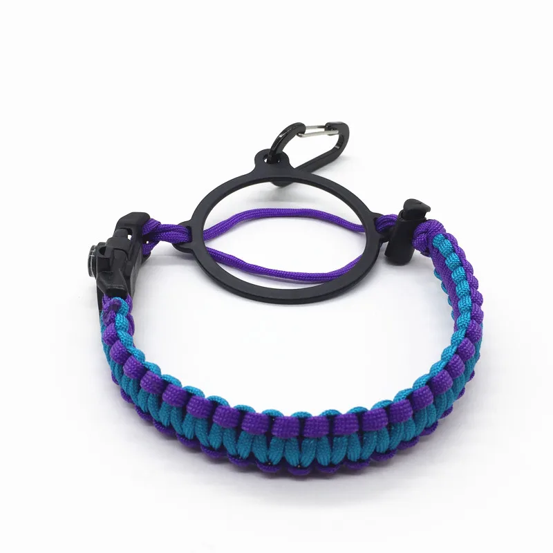 Blue paracord bottle handle with survival kit, compass, fire starter buckle for outdoor hiking camping walking