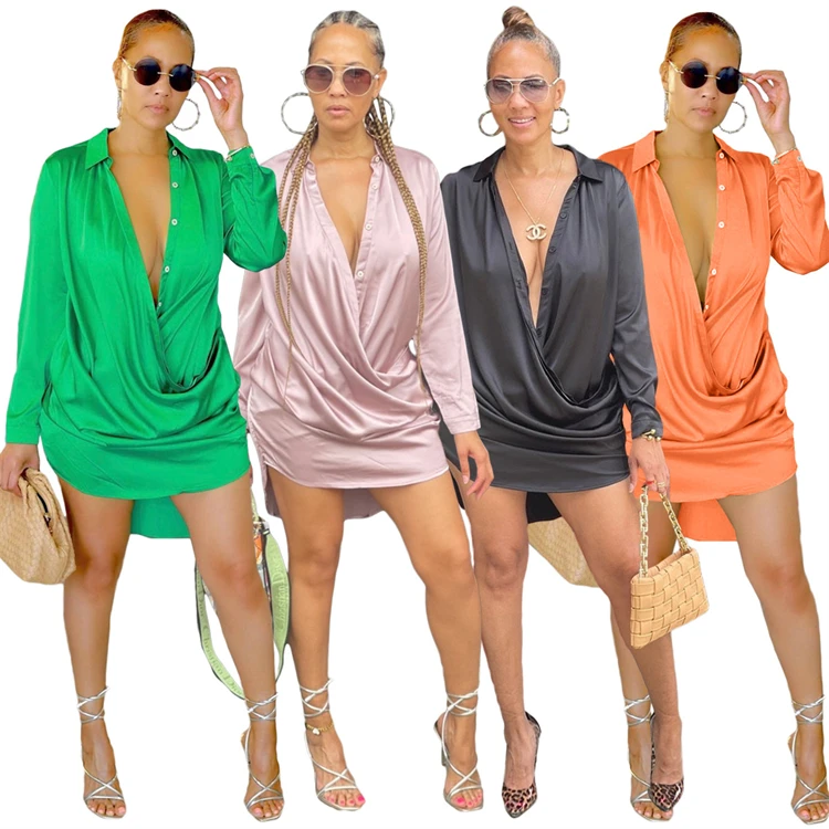 Fashion Sexy Ladies Mini Dress Deep V Neck Club Wear Plus Size Autumn Women Shirt Dresses