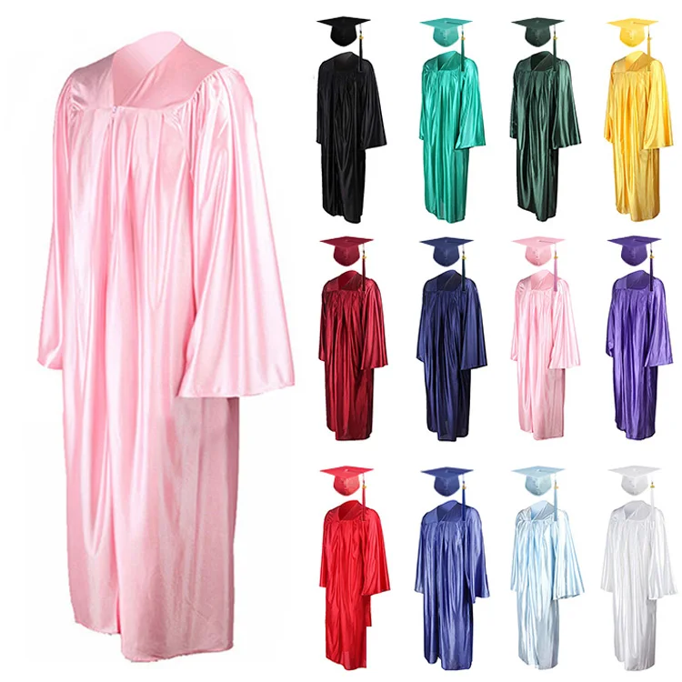 High School Pink Shiny Custom Graduation Gowns and Caps for Adult