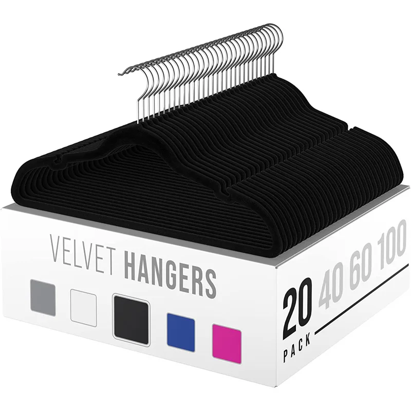 2024 Hot-selling Space Saving Non Slip Hook Black Coat Clothes Flocked Hangers Plastic Velvet