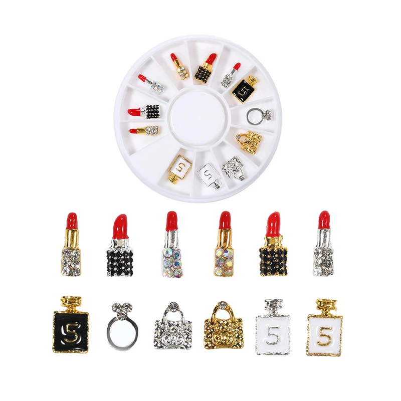 Nail Salon Valentine 3d 12pcs/box Handbag Lipstick Ring Sticker For Nail Designs Art Decoration 2022 Crystal Set