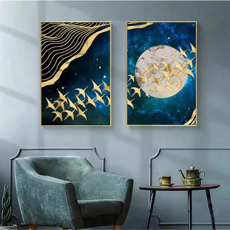 auspicious golden birds moonlight  wall art fine art canvas prints modern pictures for living room dining room bedroom art decor