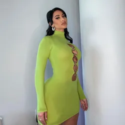 Magicmk Drop shipping Women Sexy Solid Color Hollow Out Long Sleeve Elegant Party Club Night Dress