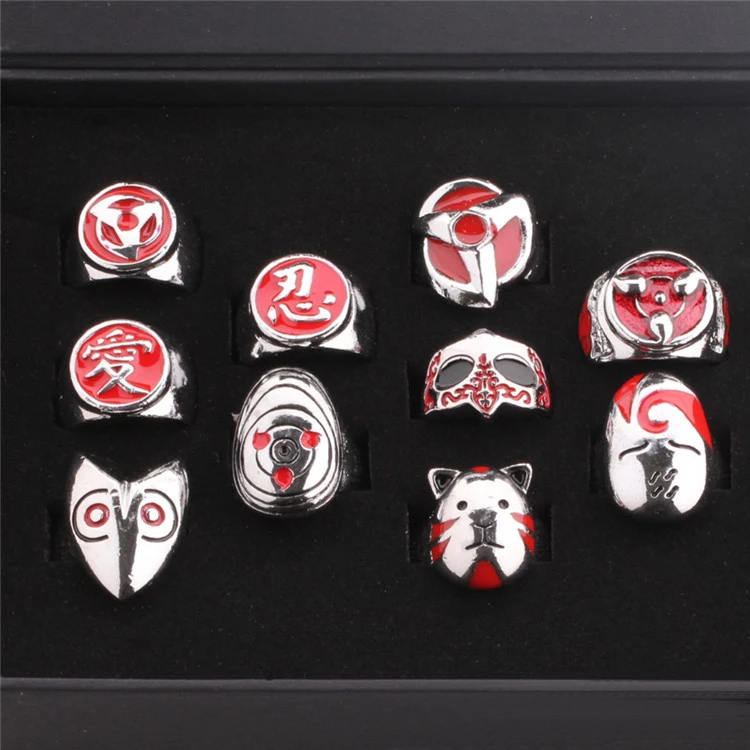 
European Fashion Creative 10 Pcs Silver Plated Sharingan Akatsuki Sign Ring Anime Naruto Rings For Men Women 