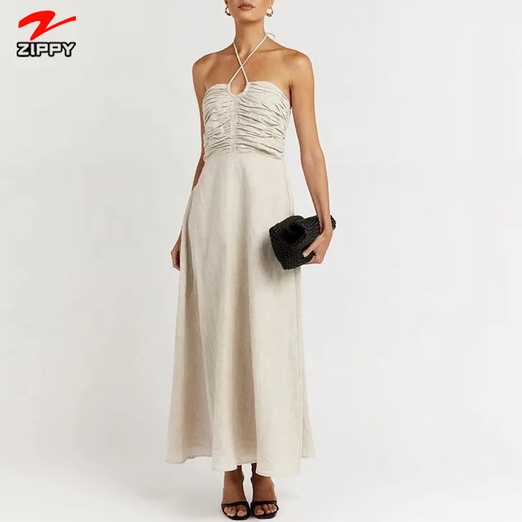 100% Natural Linen Backless Maxi Dresses Clothing  Summer Halter Sexy White Beach Dress Long Linen Elegant Casual Dress For Wome