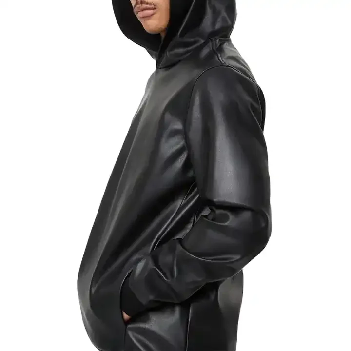 Custom Logo High Quality Mens Leather Jacket With Hoodie Fuax Pu Leather Blank Oversized Pullover Hoodies
