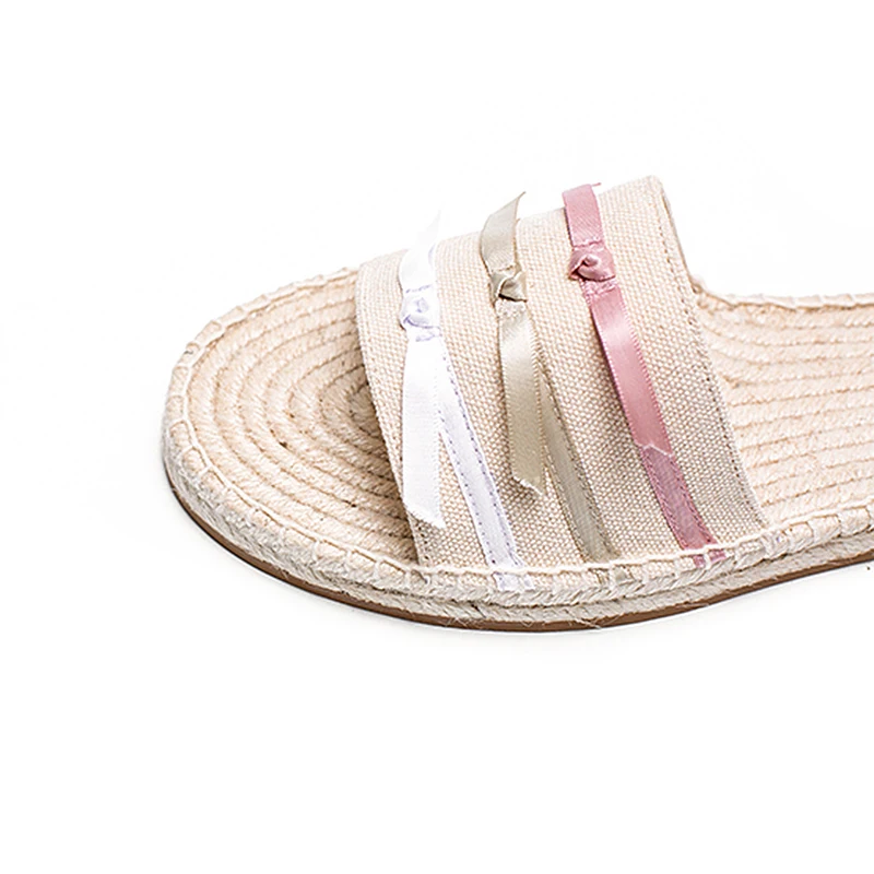 The women fashion popular colorful silk ribbon bow canvas vamp basic slipper slip on espadrilles flat shoes