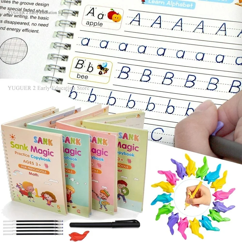 Книга для обучения магии, детская игрушка для письма, наклейка на английском языке, тетрадь для каллиграфии, игрушки Монтессори, 4 книги и ручка (1600265450284)