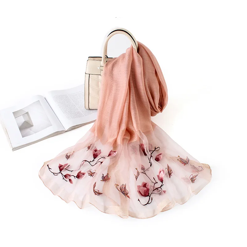 Elegant women hand embroidered silk and wool scarf with low MOQ and price