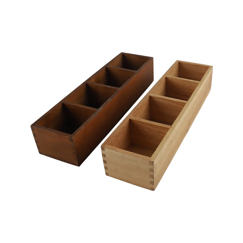  Rubber Wood Bamboo 4-Part Drawer Organizer Box Stacking Storage