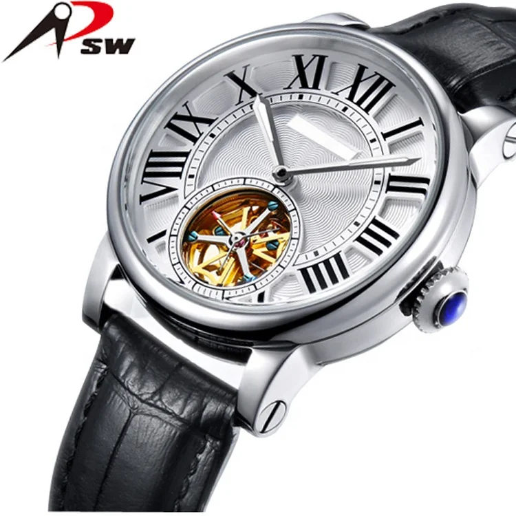 Custom Men Leather Mechanical Watch Skeleton Watch Mechanical Glass Stainless Steel Buckle Mineral Pearl Fashion Unisex