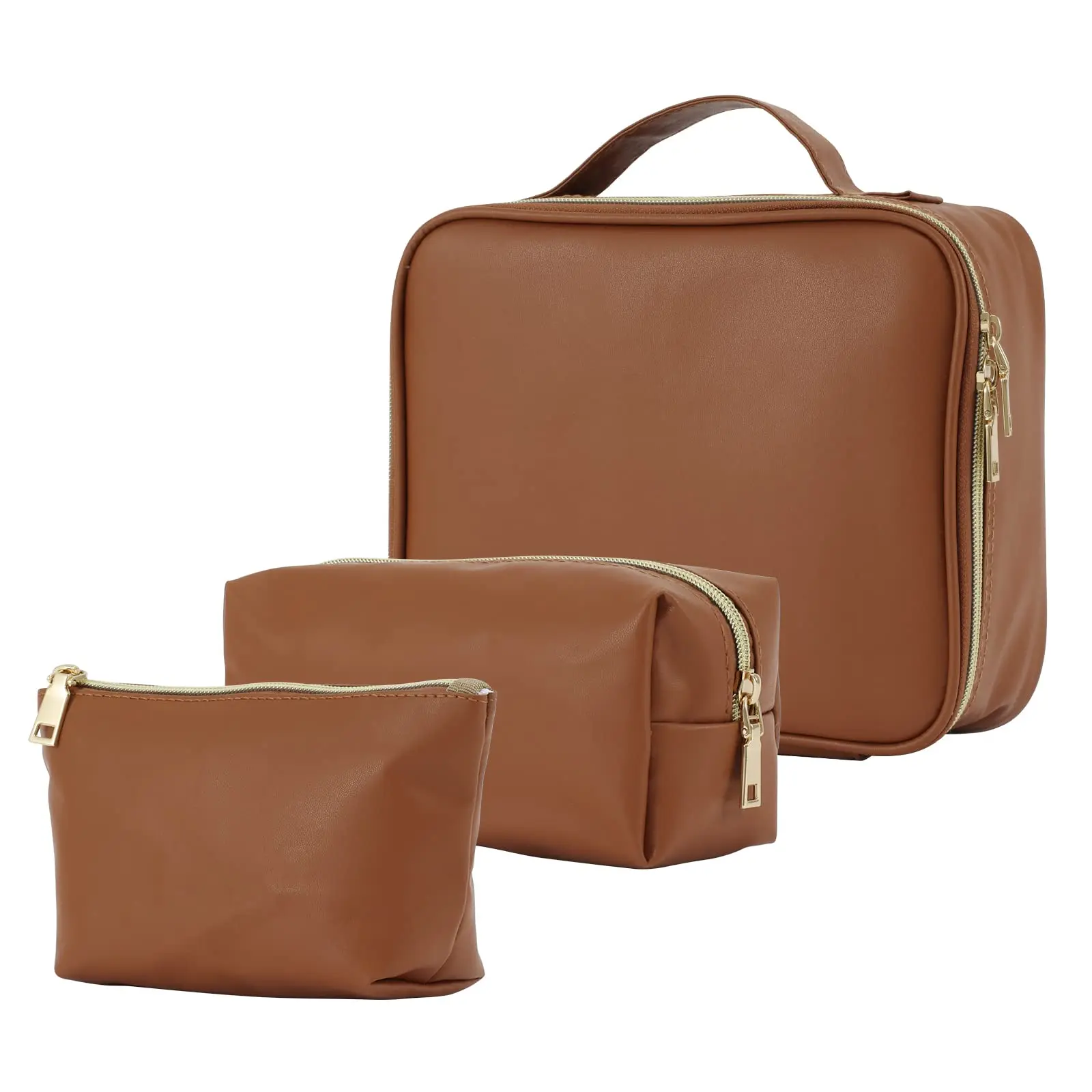 PU Leather Brown Makeup Bag Set Make up Bag Organizer Large 3Pcs Cosmetic Bag Sets for Travel