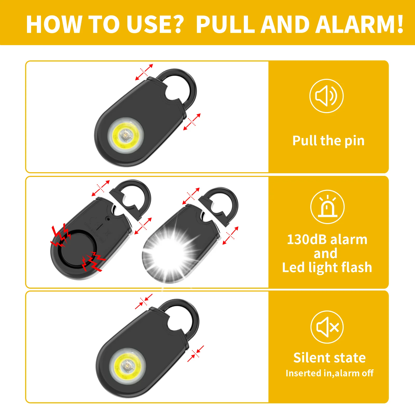 Keychain Personal Alarm with LED Emergency Light Protection Alarm for Children Women Elder