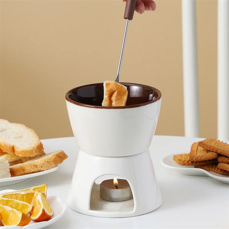 Wholesale Restaurant Fondue Pot Swiss Cheese Chocolate Melting Hotpot Ceramic Fondue Set with Fork