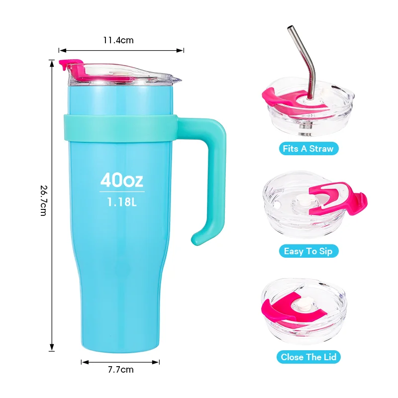 40oz Tumbler with Handle and Straw 2 in 1 Lid Good Looking Handle Customized Logo Fit in Car Holder