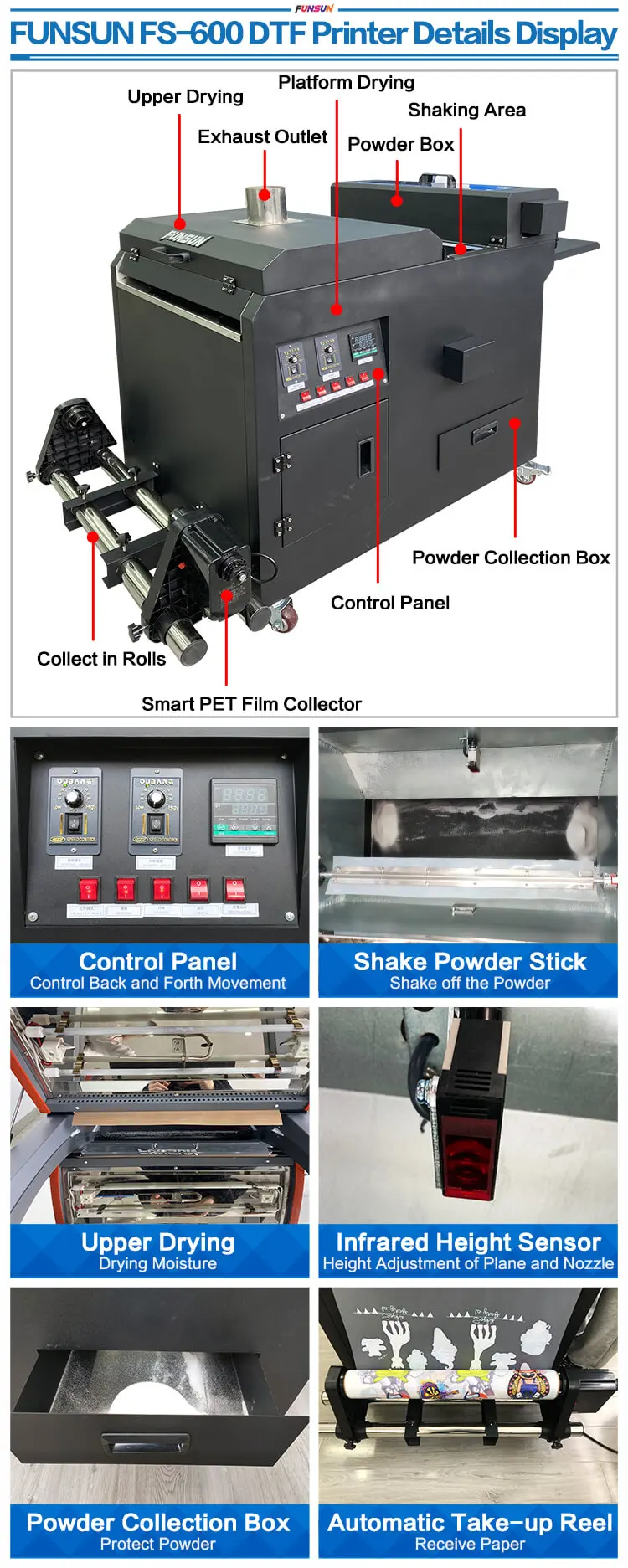 Funsun FS-600 New Offset Printing Transfer Technology 60cm DTF PET Film Printer DTF Printer Machine with 2 Pcs DX6 Heads