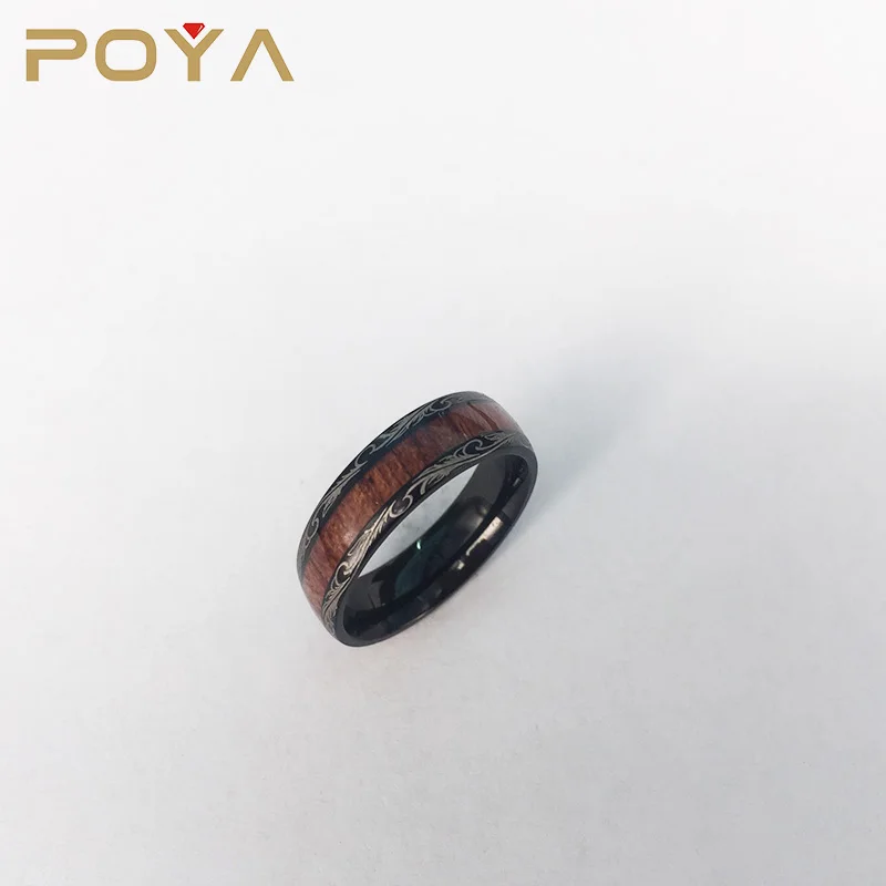 POYA 8mm Black Titanium Ring Koa Wood Inlay Dome Edge Comfort Fit Wedding Band