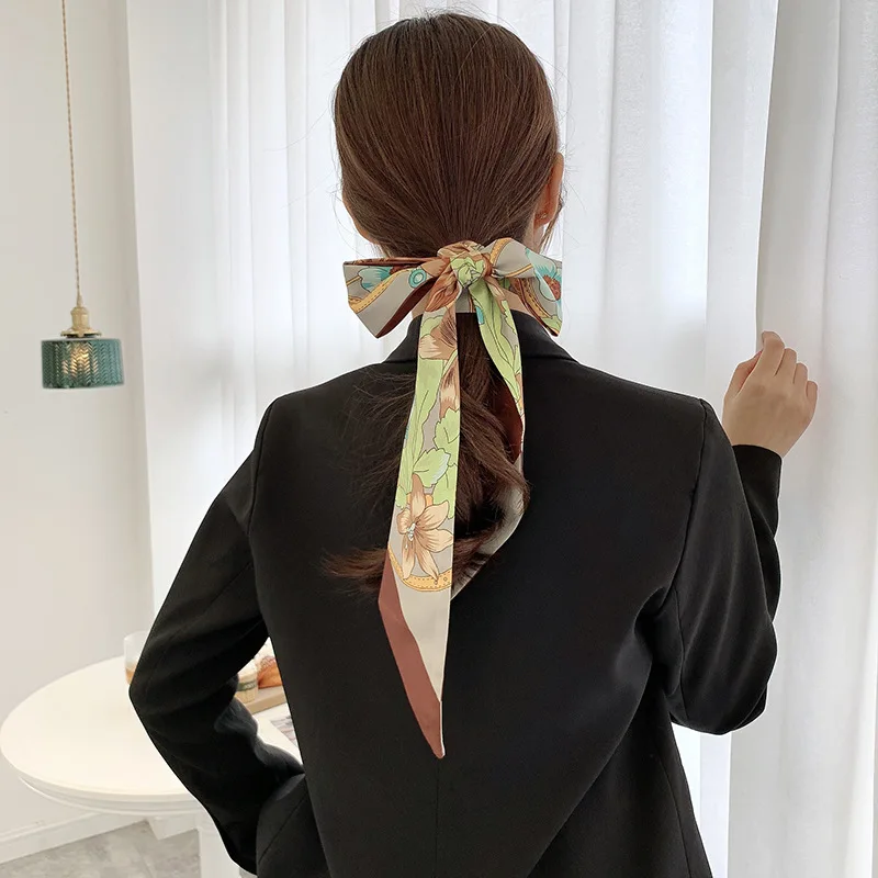 Colorful Floral Print Twill Scarf Handbag Handle Wrap Ornament Bag Twill Satin Hair Silk Scarves