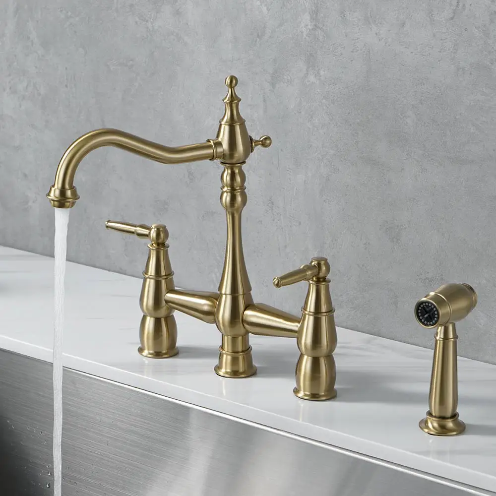 Винтажный латунный двухрычажный кухонный кран с 4 отверстиями с распылителем, поворотный кран на 360 градусов антикварный кухонный кран